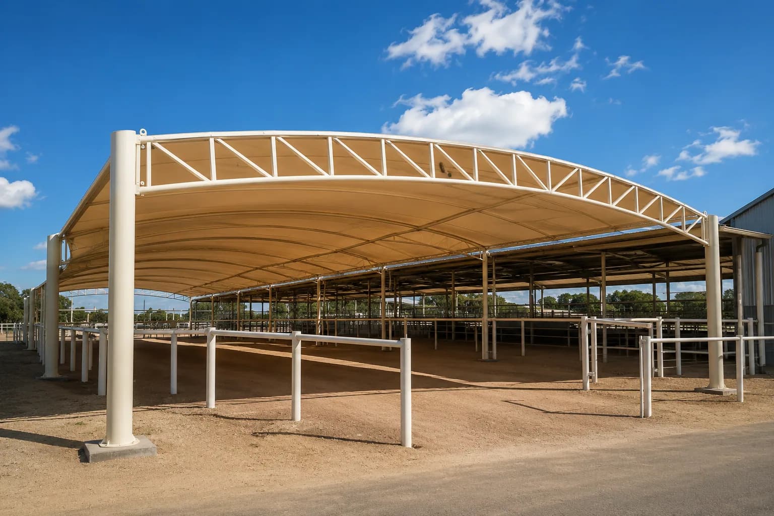 Sail shades over an outdoor leisure area creating filtered light
