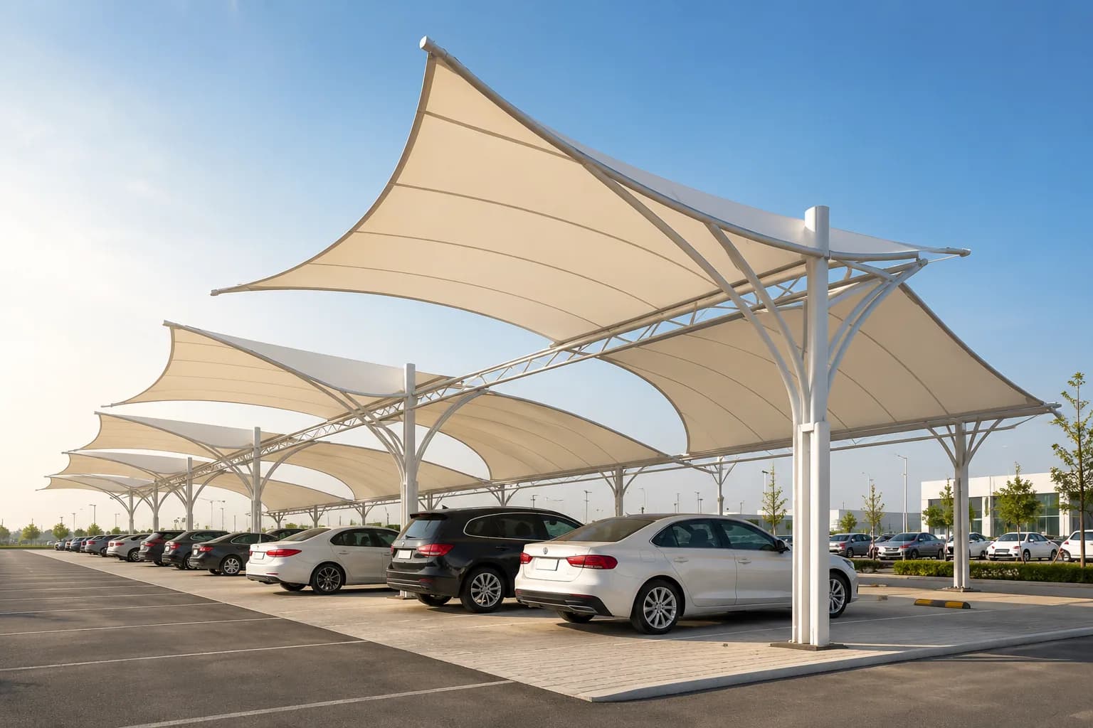 Large-scale tensile membrane canopy installed over a commercial space